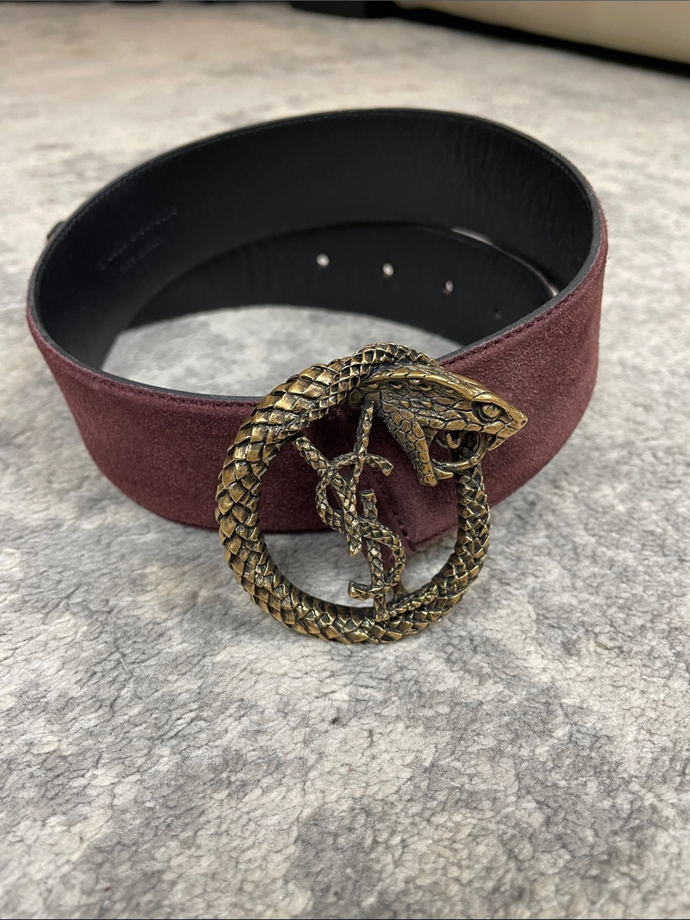 YSL Saint Laurent Monogram Serpent Buckle Belt Burgundy Suede Sz 60 - Picture 2 of 14